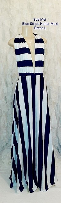SOLD | Blue & white stripe halter maxi dress L