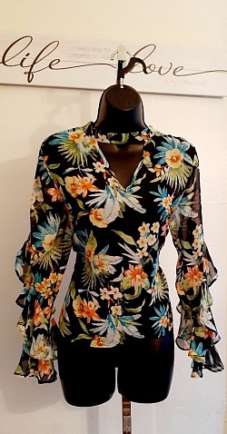Impulsive Black Floral Bell Sleeve Top M