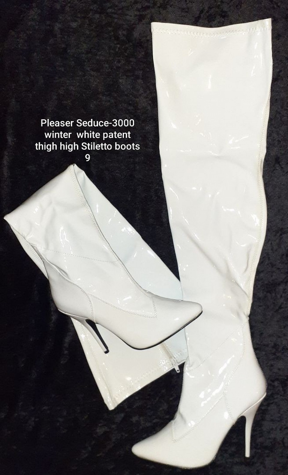 Pleaser Seduce 3000 White Patent Thigh High Boots 9