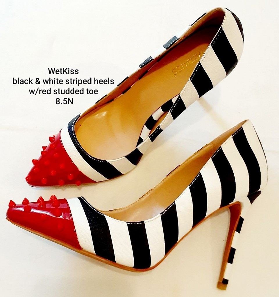 SOLD (buyer Minnesota) WetKiss black & white striped heels w/ red studded toe 8.5N