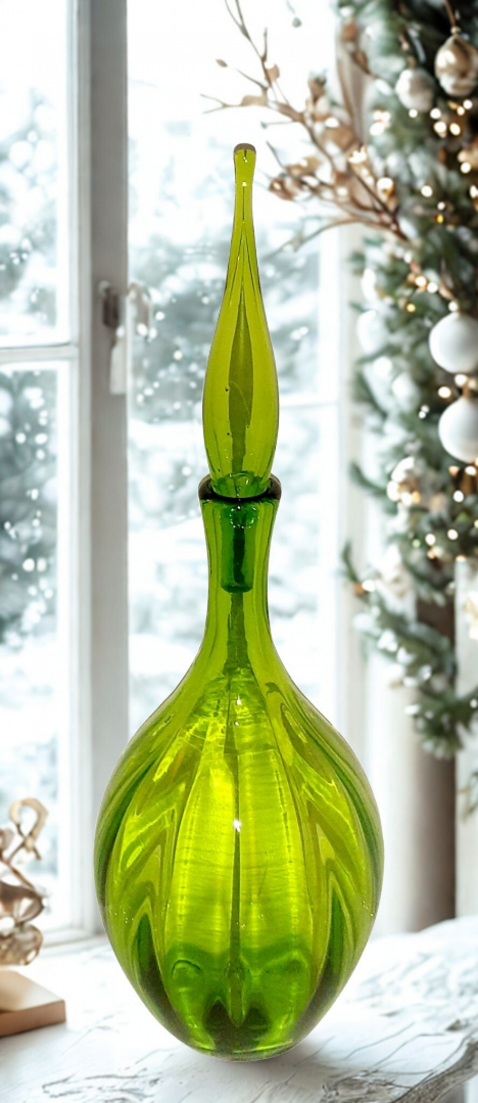 SOLD (buyer Pennsylvania) Glass green decanter, Vintage bottles, Holiday decor