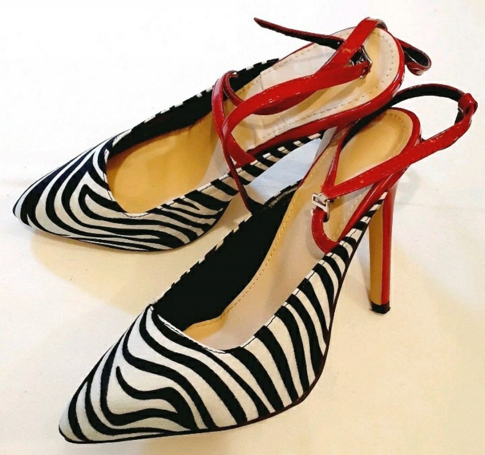 Zebra Print Stiletto Heels w/Red ankle straps 9