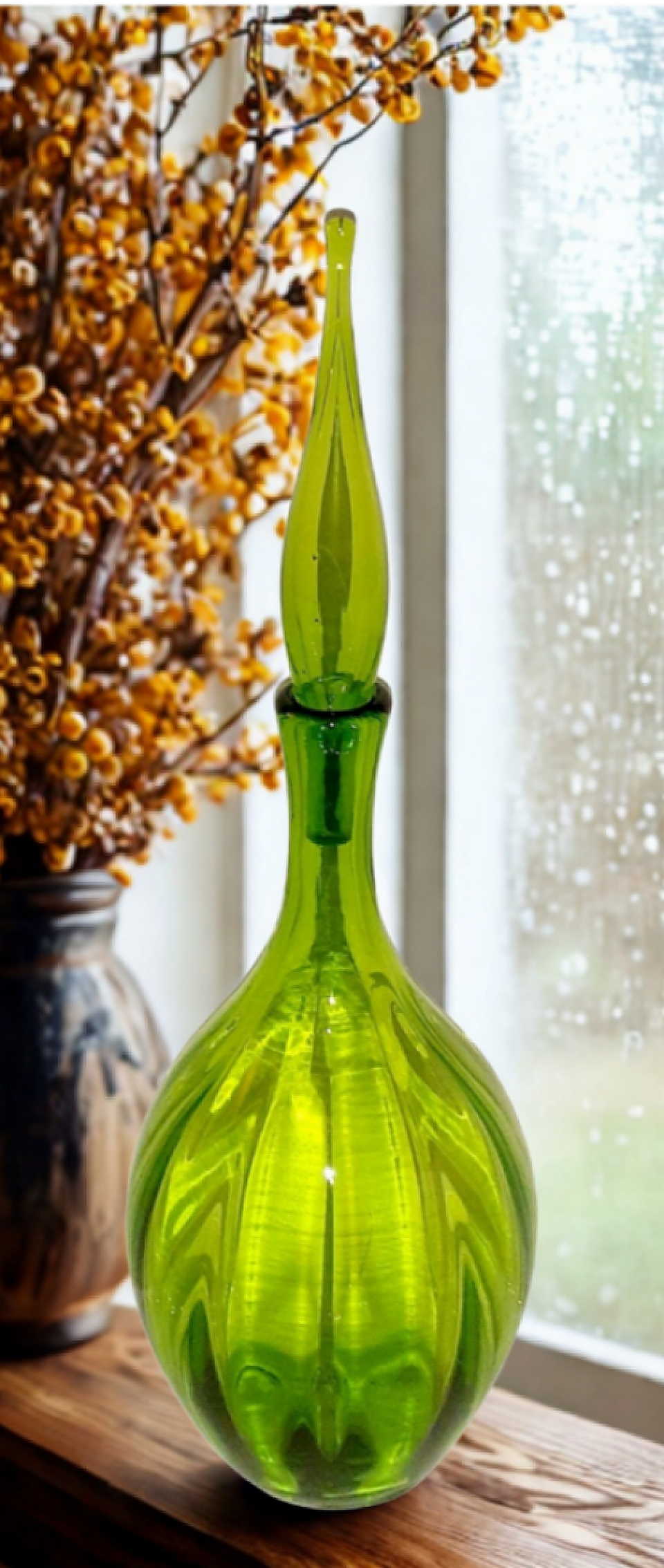 SOLD (buyer Pennsylvania) Glass green decanter, Vintage bottles, Holiday decor