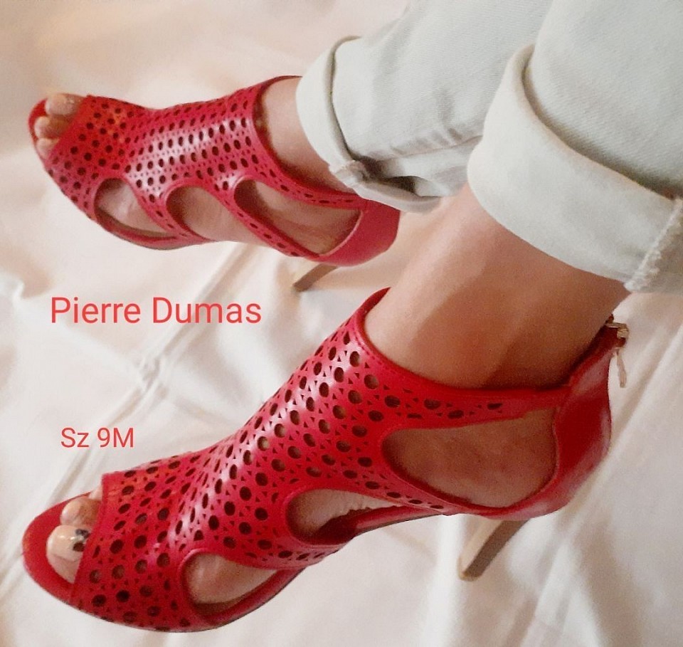 SOLD | Pierre Dumas red leather cage style vintage stilletto heels 9