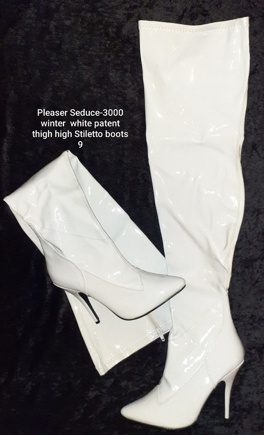 Pleaser Seduce 3000 Winter White Patent Thigh High Stilletto Boots 9