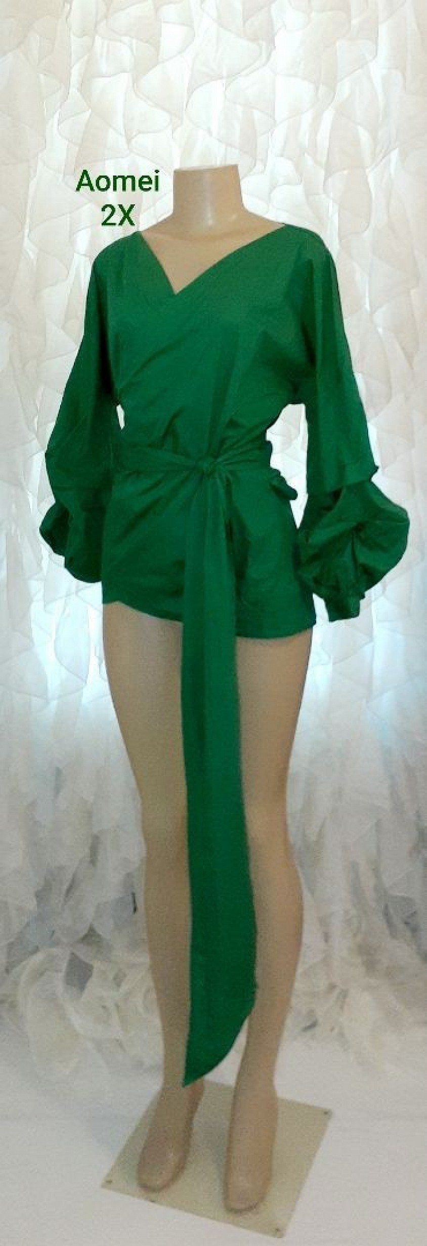 SOLD | Aomei Green Puff Sleeve Top w/Large Wide Tie Belt to cinch the waist 2X