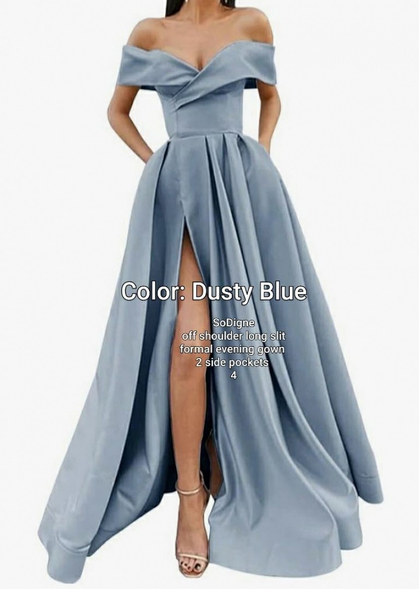 SoDigne Off shoulder Long split Formal evening gown 2 Side pockets Blue 4