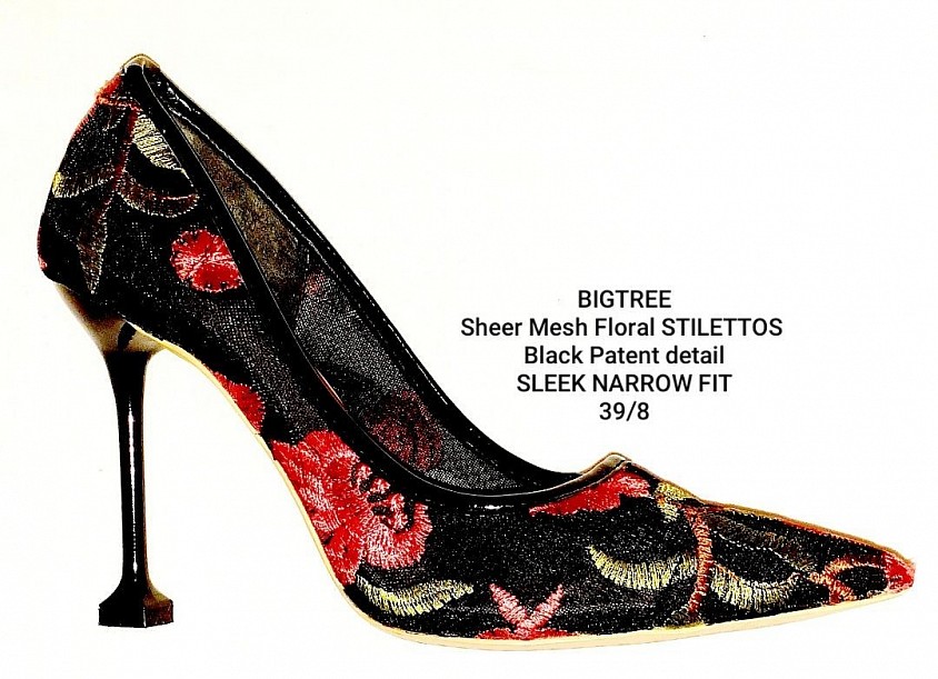 BIGTREE Sheer Mesh Floral Embroidery Flare Stilettos Black & Red 39/8